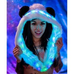 LED Fur Panda Hood 20+ Modes w/ Remote 3D Ears White Black Color Changing NWT